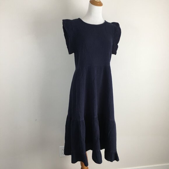 C&C CALIFORNIA Dark Blue Textured Ruffle Sleeve & Hem Midi Dress - Picture 1 of 9